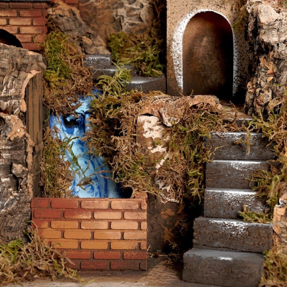 Presepe cascata e cucina 44x50x58 cm per pastori 10 cm