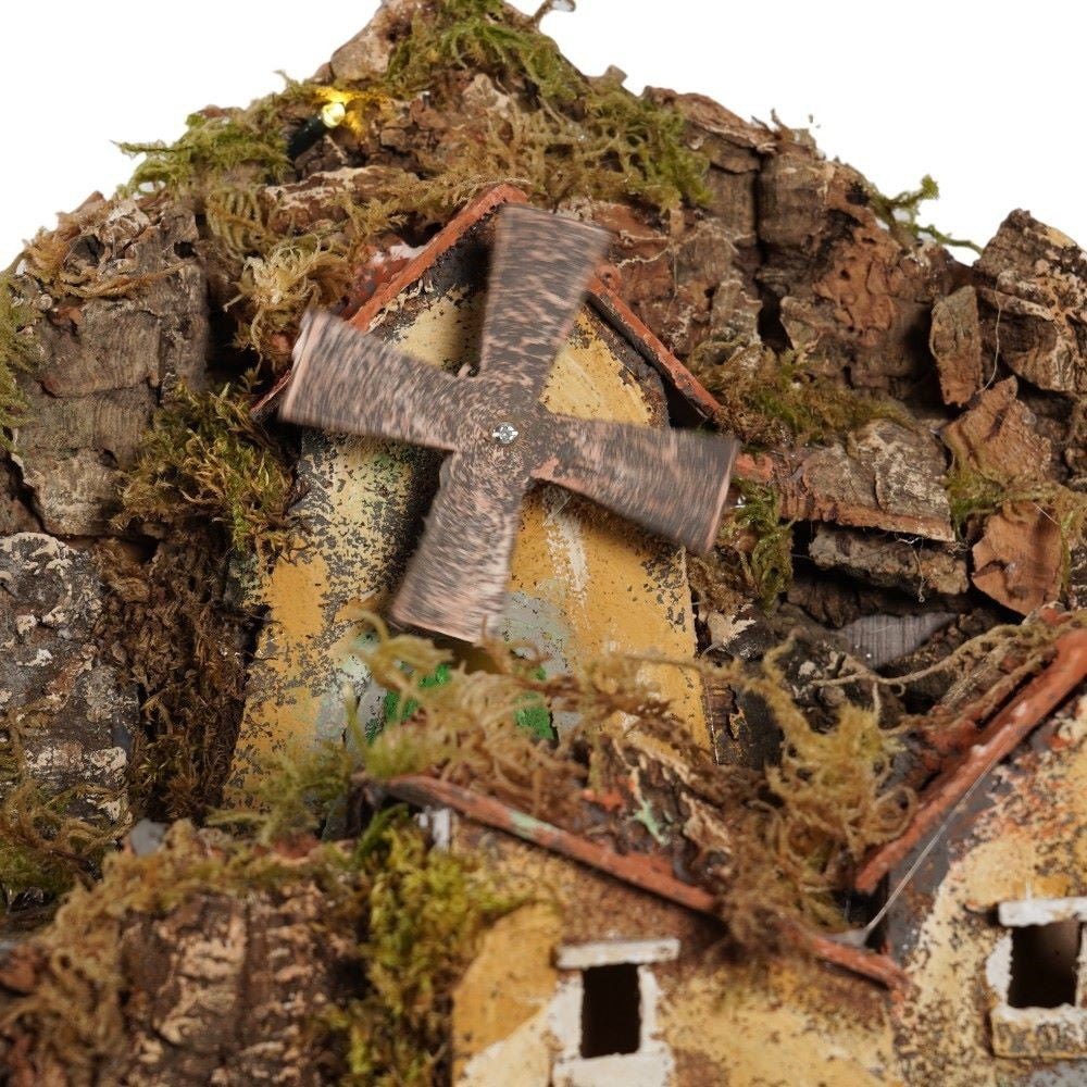 Presepe Napoletano artigianale con luci mulino a vento e cascata L76xH53XP54