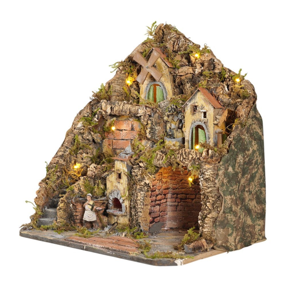 Presepe napoletano artigianale con cascata luci forno e mulino 47x40x47 cm