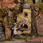 Presepe napoletano artigianale con cascata luci forno e mulino 47x40x47 cm