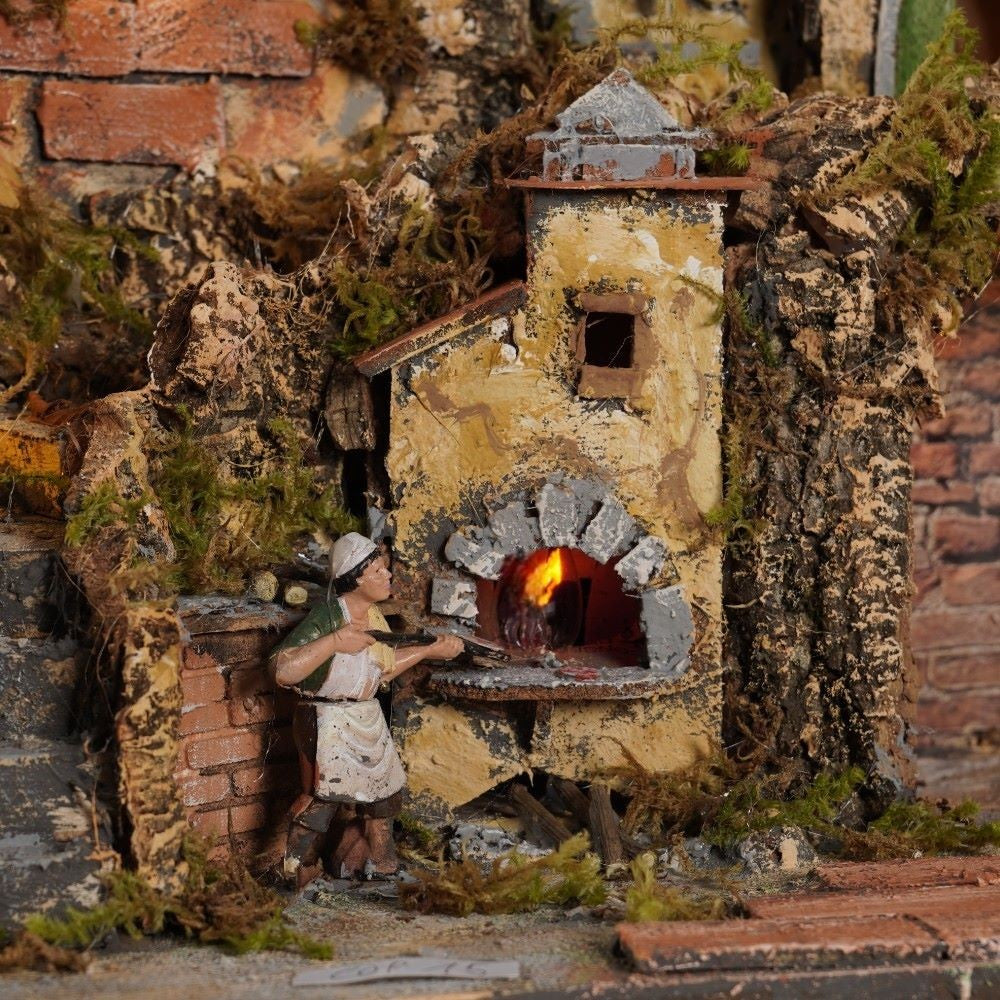 Presepe napoletano artigianale con cascata luci forno e mulino 47x40x47 cm