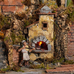 Presepe napoletano artigianale con cascata luci forno e mulino 47x40x47 cm