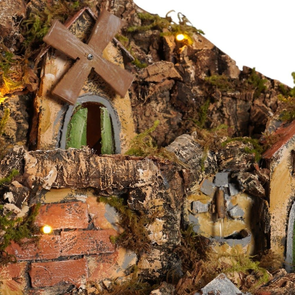 Presepe napoletano artigianale con cascata luci forno e mulino 47x40x47 cm
