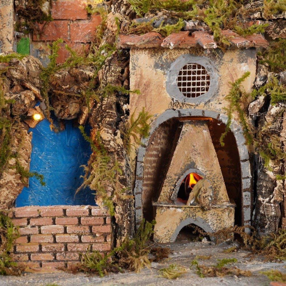 Presepe napoletano artigianale con luci forno mulino e cascata 75x60x60 cm