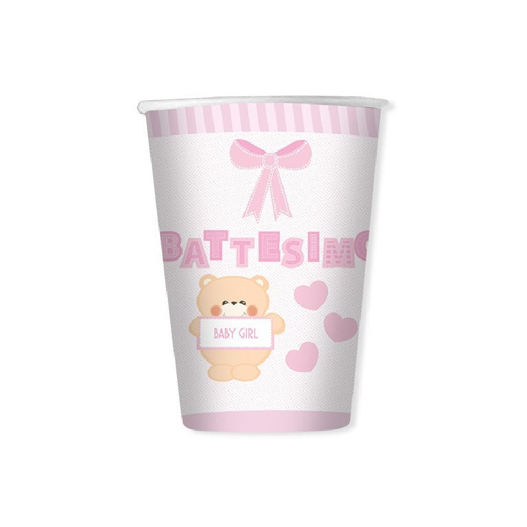 8 Bicchieri di carta 200 cc Rosa con disegno Orsetto Teddy e scritta Battesimo