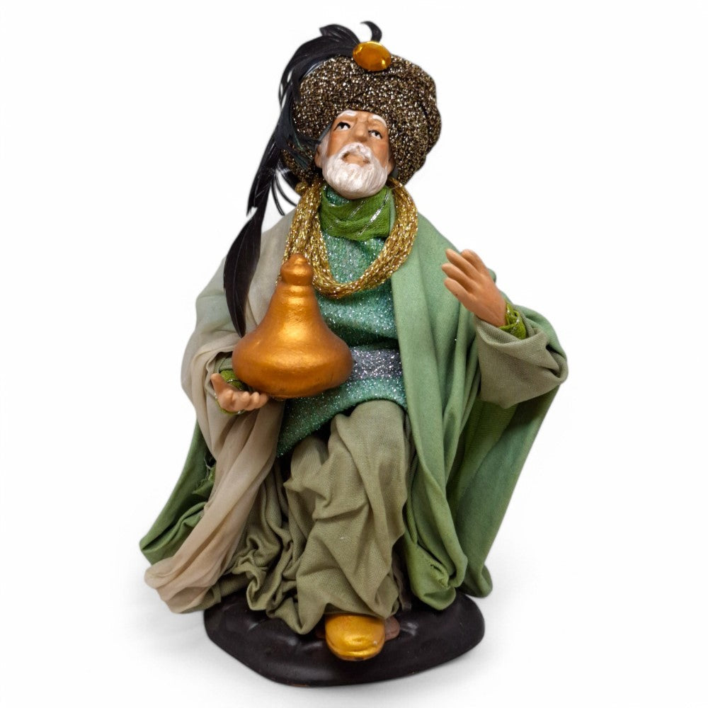 Pastore statuina Re Magio in ginocchio 18 cm di terracota vestito