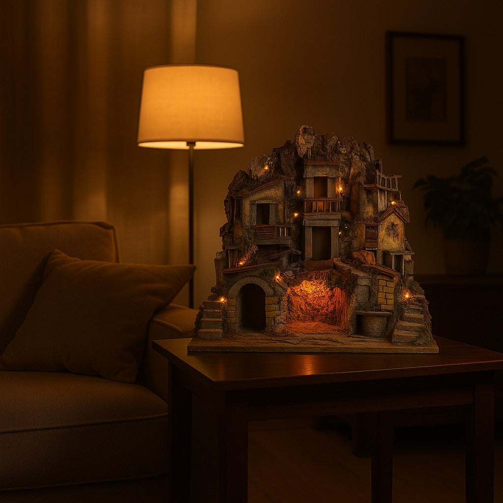 Presepe con fontana e luci e mulino 65x45x70 cm