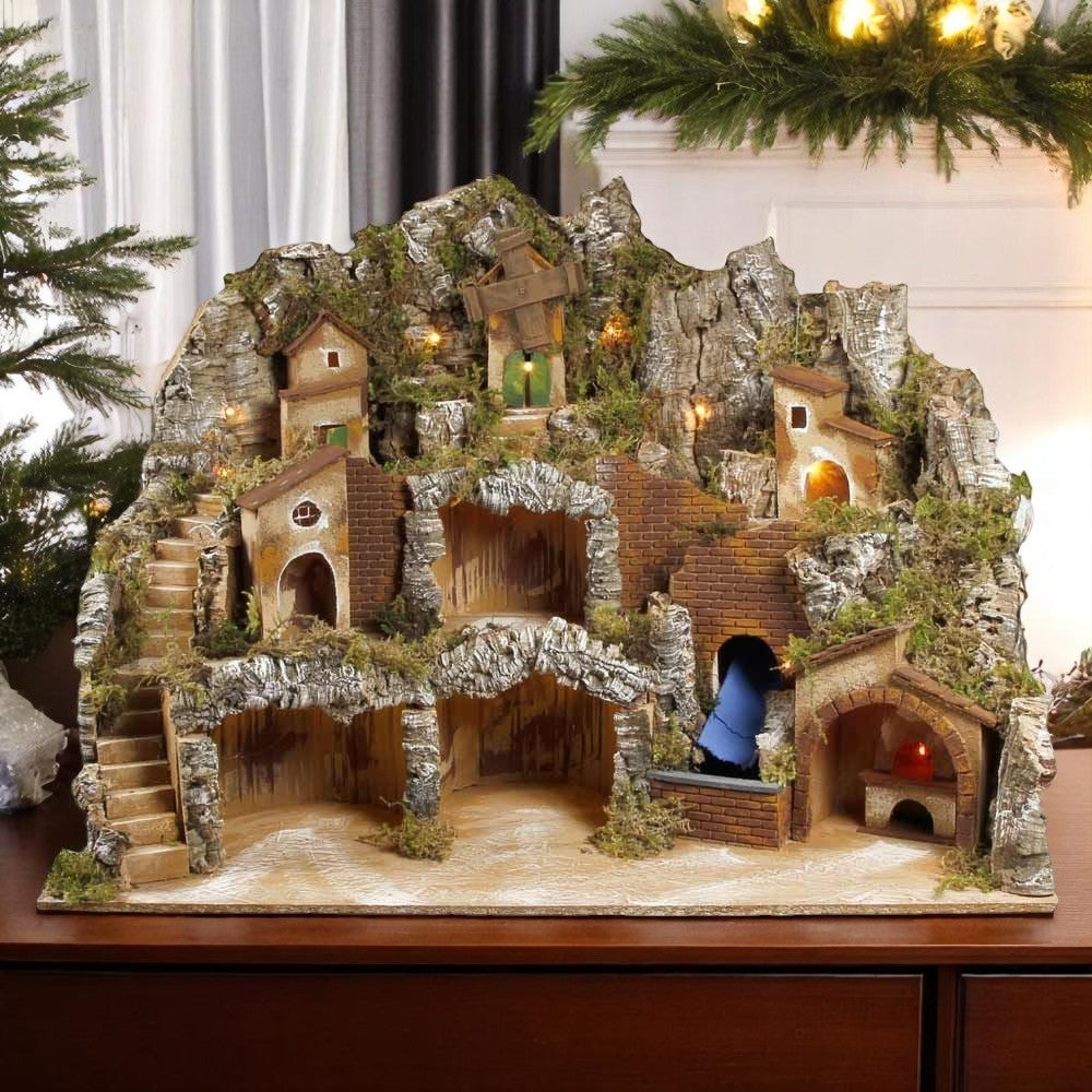 Presepe paesaggistico napoletano con cascata forno e mulino H60 L80 P60 cm