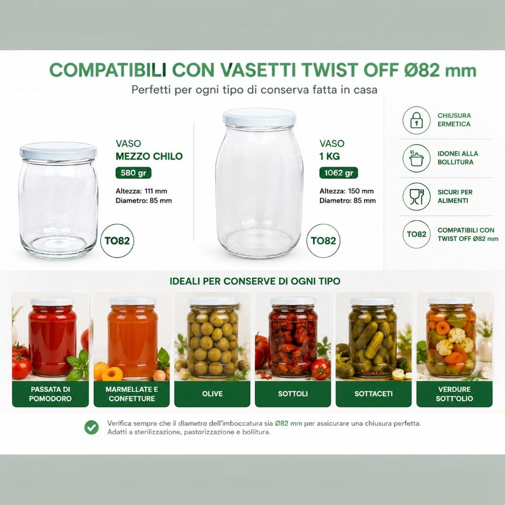 Tappo per barattoli in vetro 82 mm per conserve idonei alla bollitura