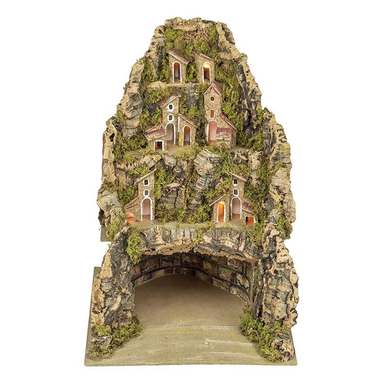Presepe paesaggistico napoletano artigianale con luci 25x25x30 cm