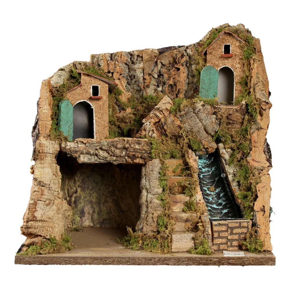 Presepe napoletano artigianale con ruscello e luci 30x20x28 cm