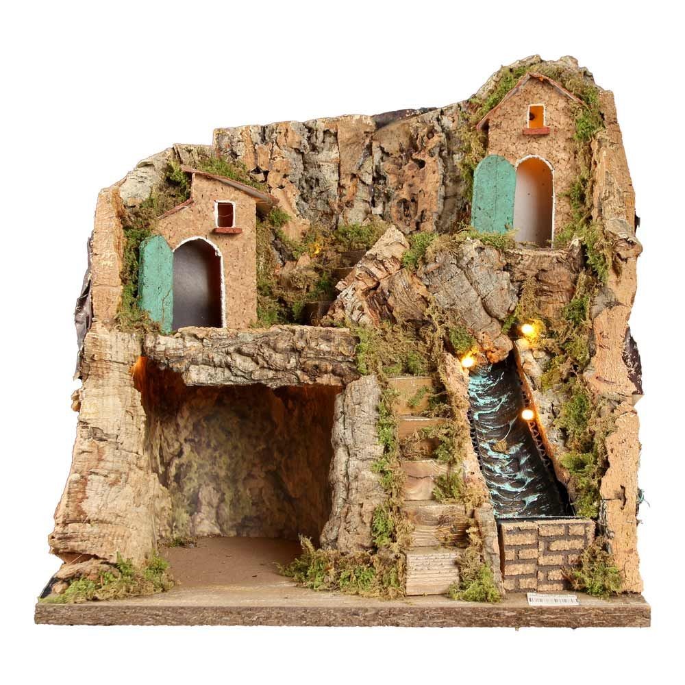 Presepe napoletano artigianale con ruscello e luci 30x20x28 cm