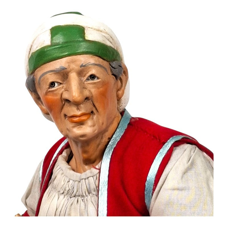 Statuina donna con cesto ortaggi – Vestiti in stoffa, testa mani e piedi in terracotta cm 30