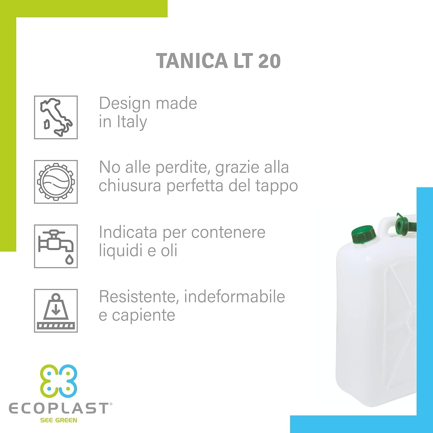 Tanica 20 litri con tappo e beccuccio rabbocco per liquidi – Ecoplast
