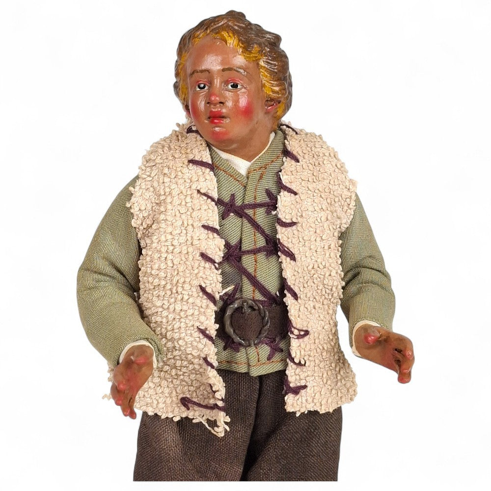 Statuetta presepe napoletano giovane contadino con gilet 19 cm vestito a mano