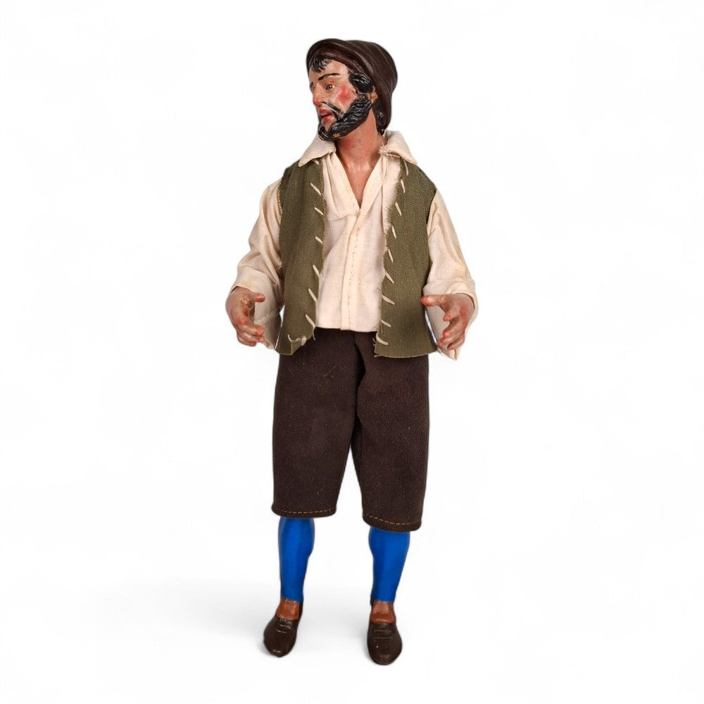 Statuetta presepe napoletano contadino con gilet verde 25 cm vestito a mano