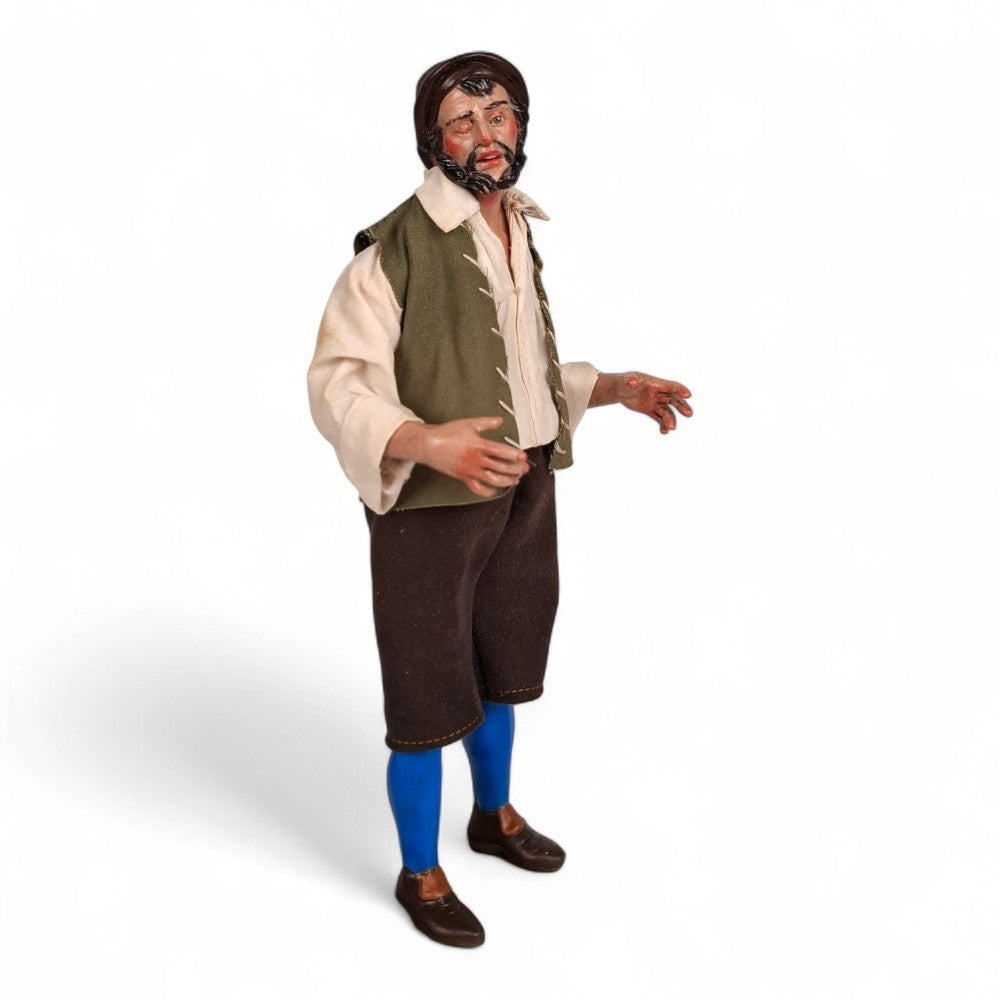 Statuetta presepe napoletano contadino con gilet verde 25 cm vestito a mano