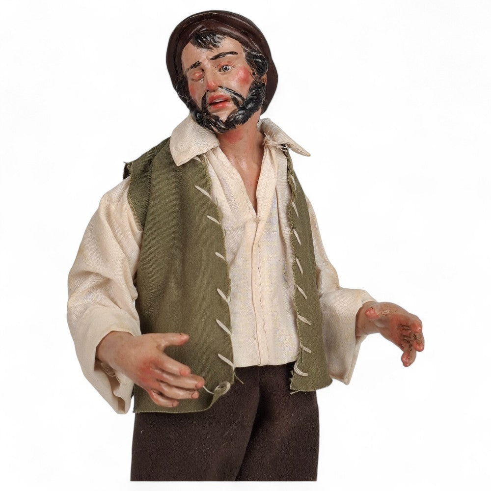 Statuetta presepe napoletano contadino con gilet verde 25 cm vestito a mano