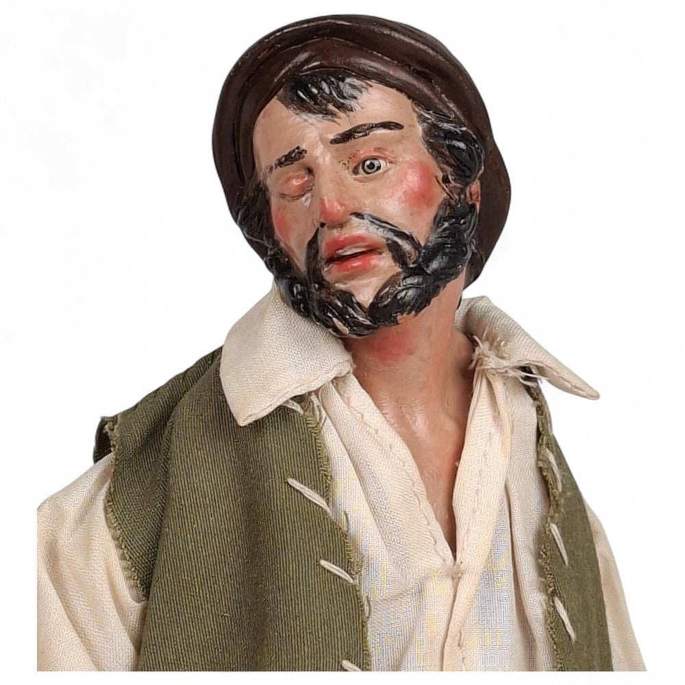 Statuetta presepe napoletano contadino con gilet verde 25 cm vestito a mano