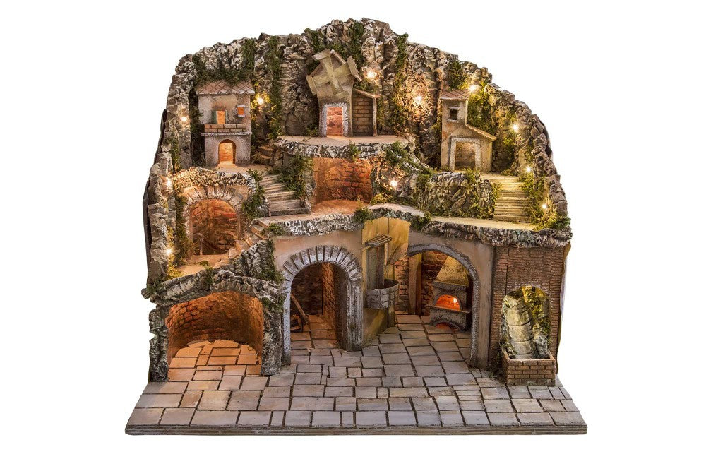 Presepe napoletano artigianale con luce cascata mulino e forno 83x60x70 cm