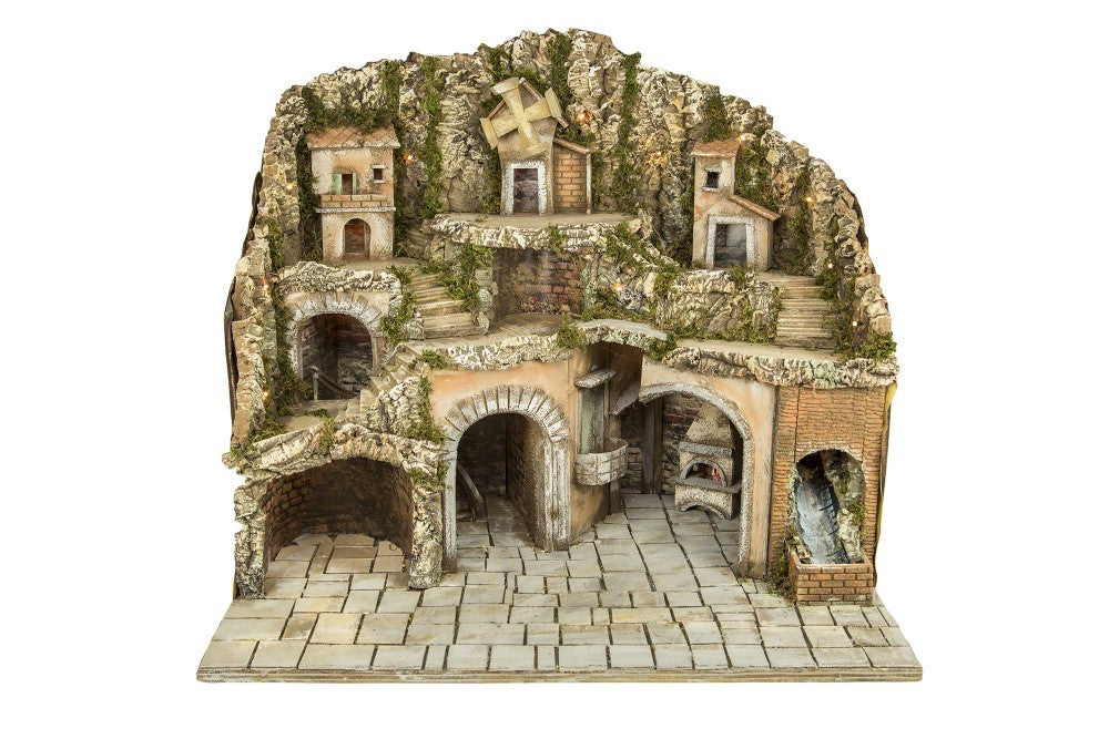 Presepe napoletano artigianale con luce cascata mulino e forno 83x60x70 cm