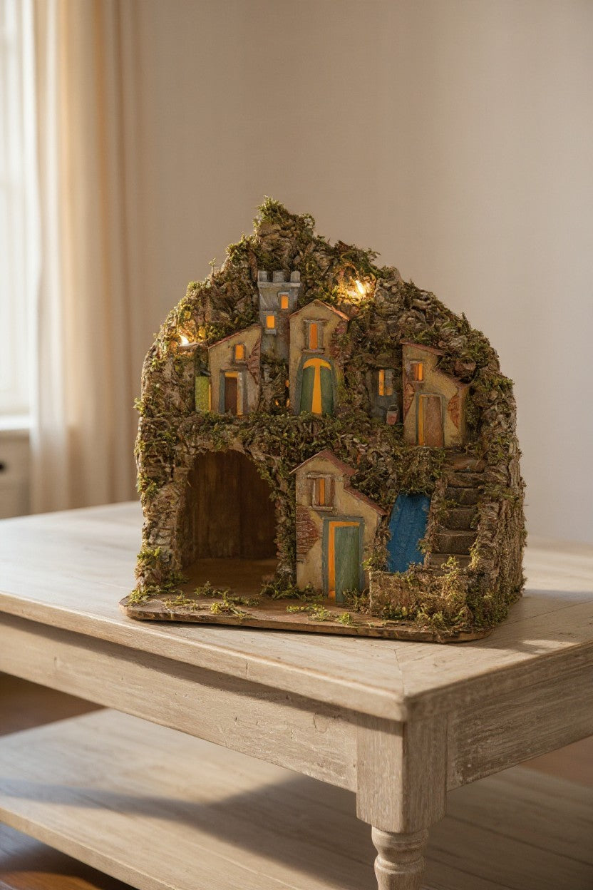 Presepe napoletano paesaggistico artigianale con luci e cascata 40x35x40 cm