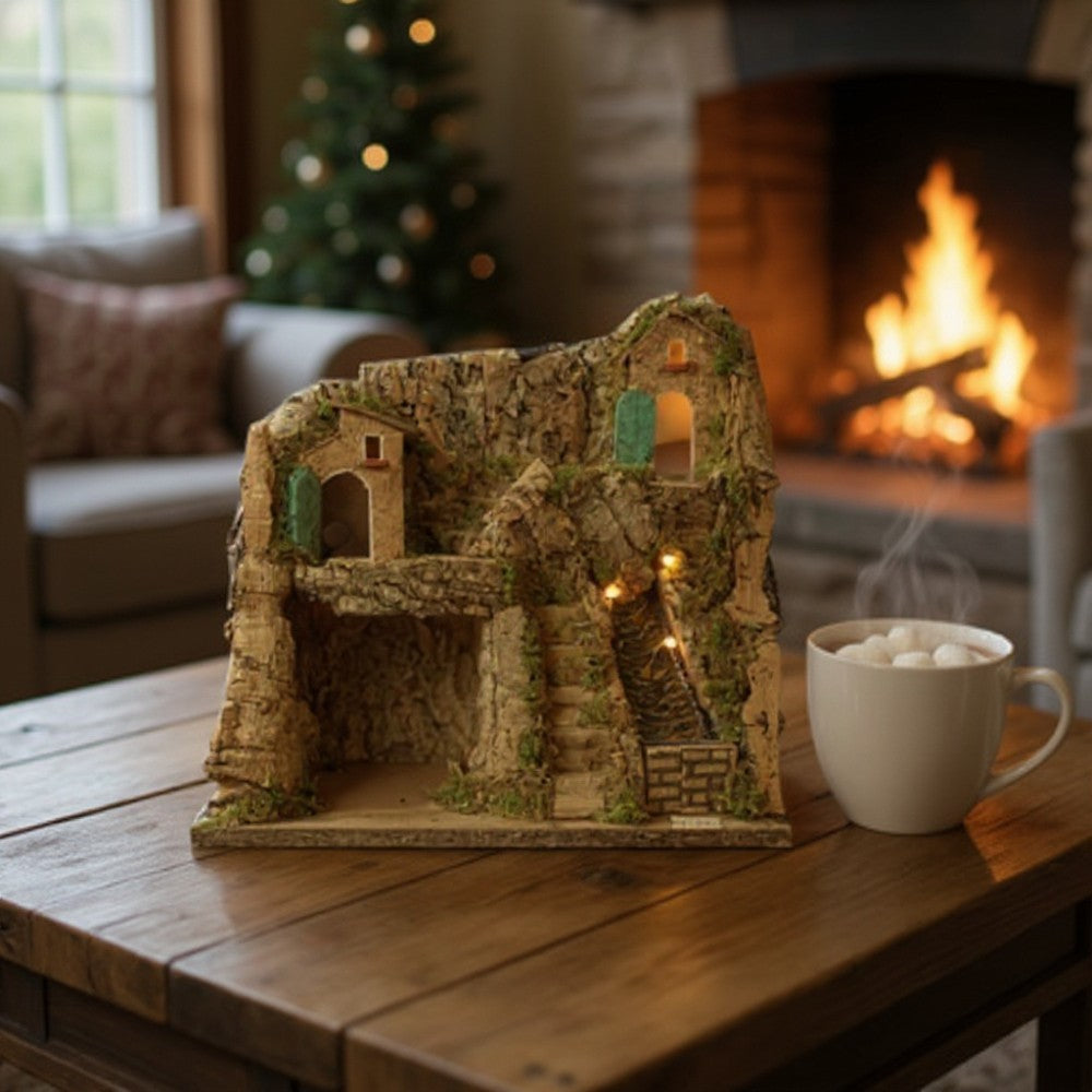 Presepe napoletano artigianale con ruscello e luci 30x20x28 cm