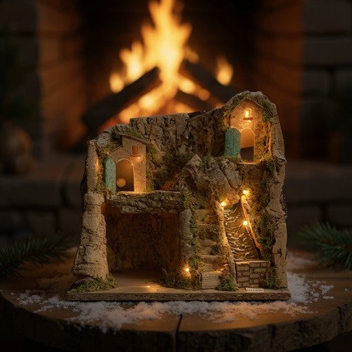Presepe napoletano artigianale con ruscello e luci 30x20x28 cm