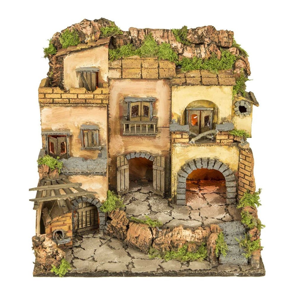 Presepe Borgo napoletano stile 700 con luci led e forno 30x40x36 cm