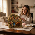 Presepe paesaggistico napoletano artigianale con luci e cascata 35x30x30 cm