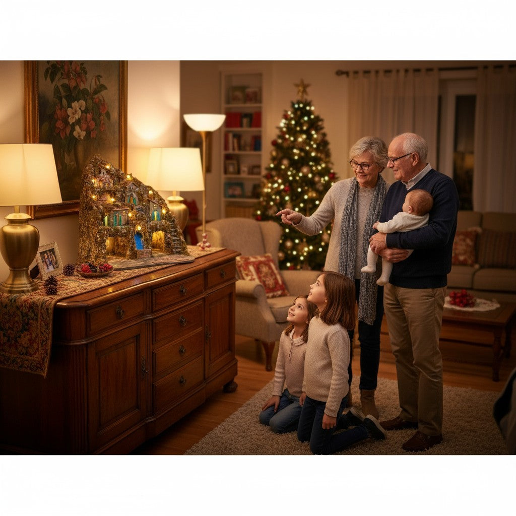 Presepe Napoletano artigianale con luci mulino a vento e cascata 60x57x47 cm