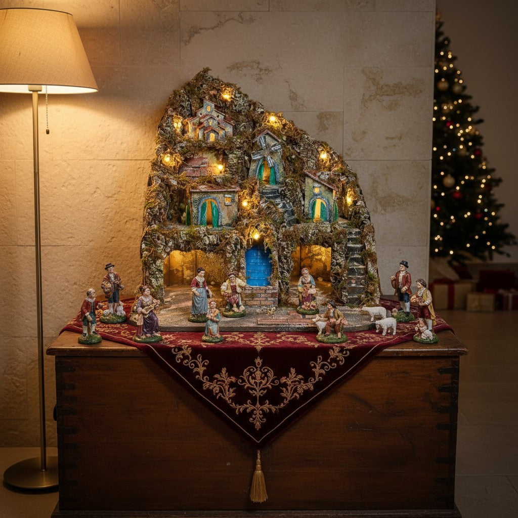 Presepe Napoletano artigianale con luci mulino a vento e cascata 60x57x47 cm