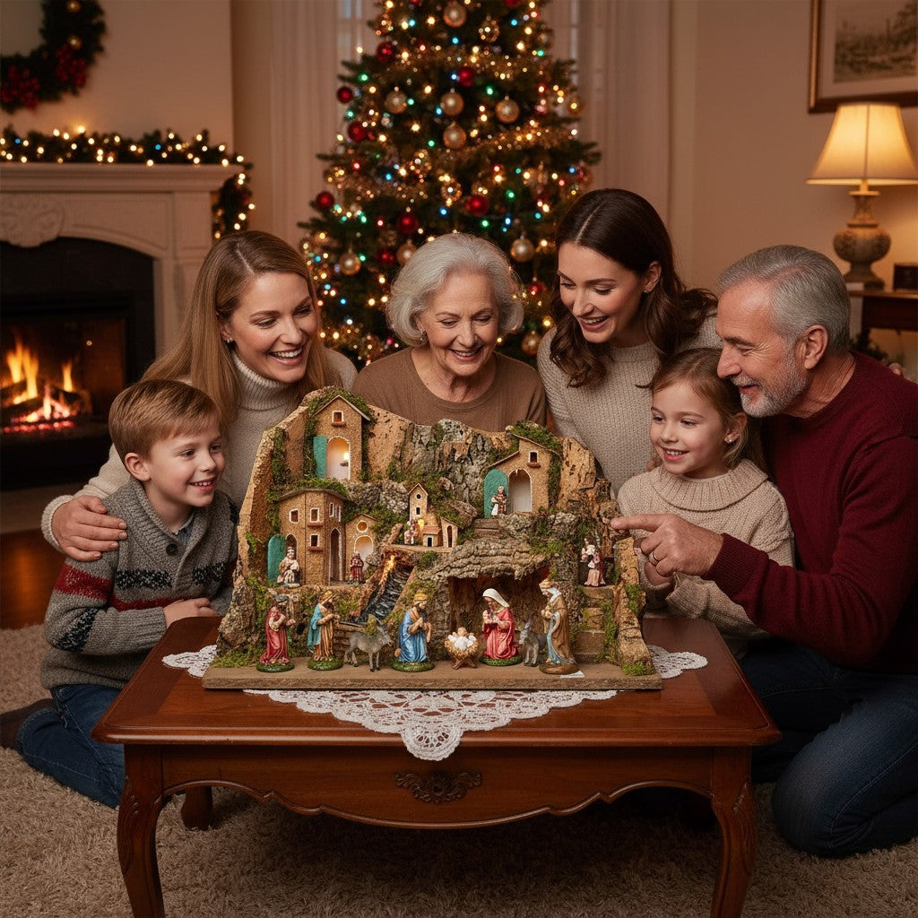 Presepe napoletano artigianale con ruscello 45x30x29 cm