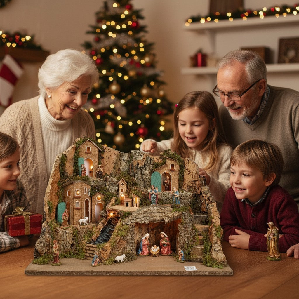 Presepe napoletano artigianale con ruscello 45x30x29 cm