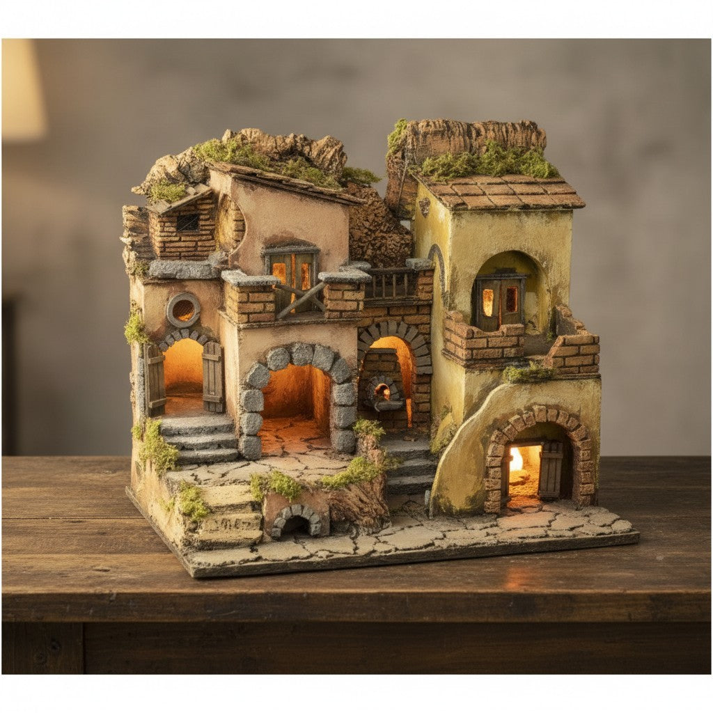 Presepe borgo napoletano stile 700 con illuminazione e forno 30X40H34
