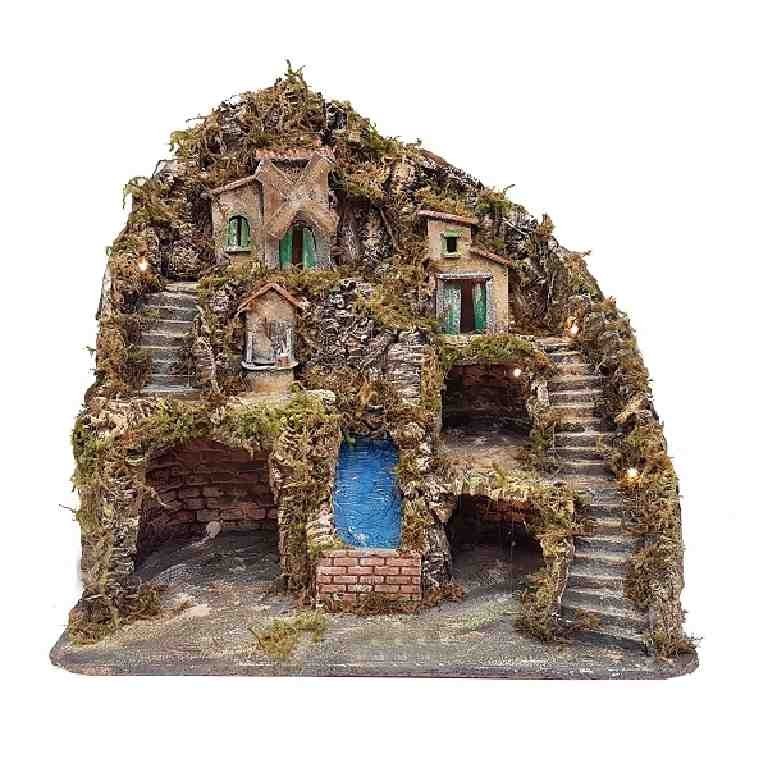 Presepe napoletano artigianale con cascata e mulino 50x37x47 cm