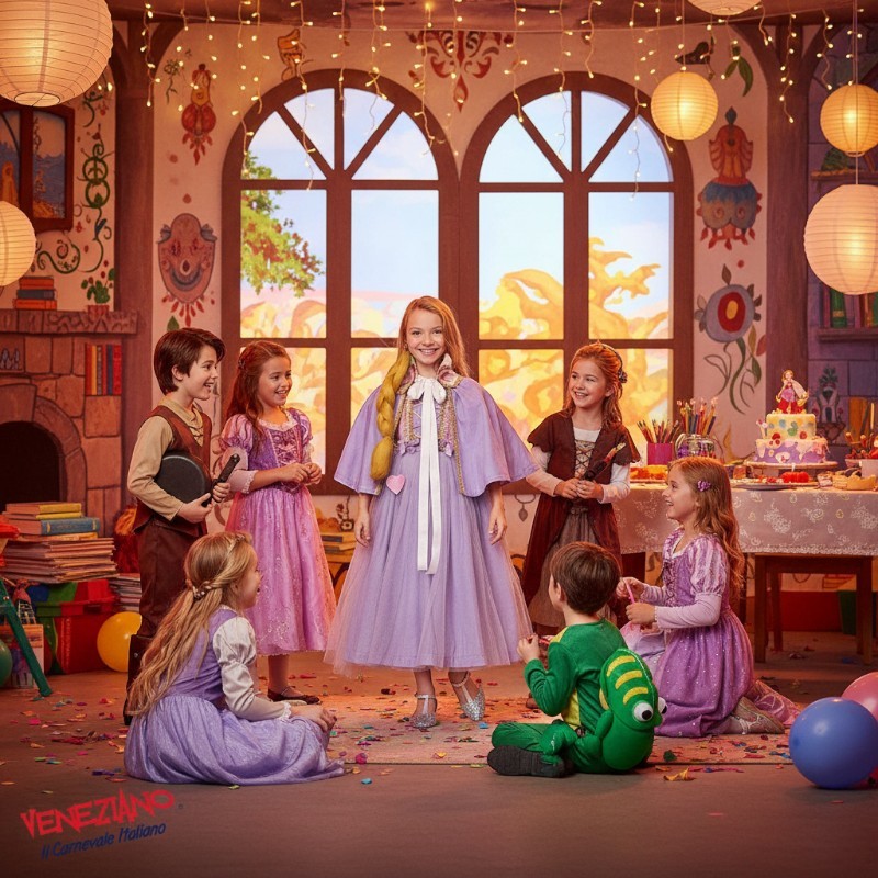 Vestito costume di carnevale Principessa treccia d'oro da 7 a 10 anni