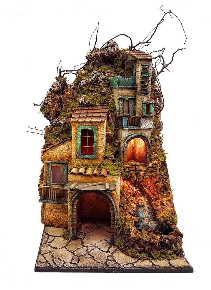 Presepe borgo napoletano stile 700 con luci e cascata 40x40x68 cm