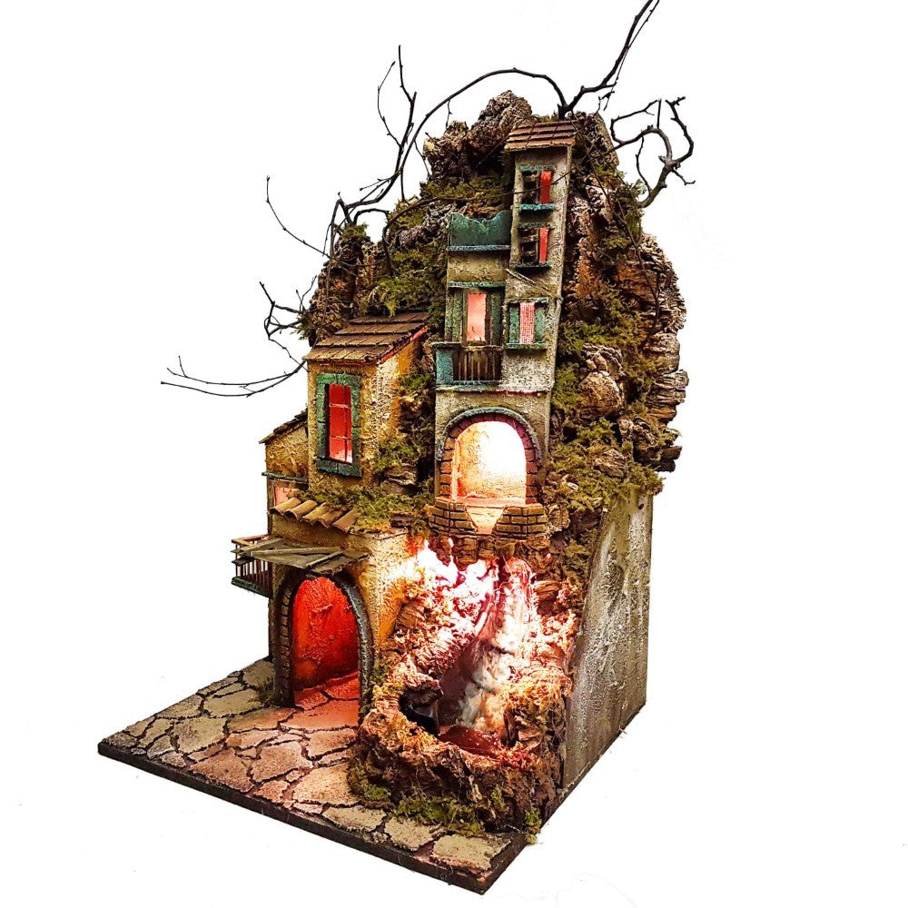 Presepe borgo napoletano stile 700 con luci e cascata 40x40x68 cm