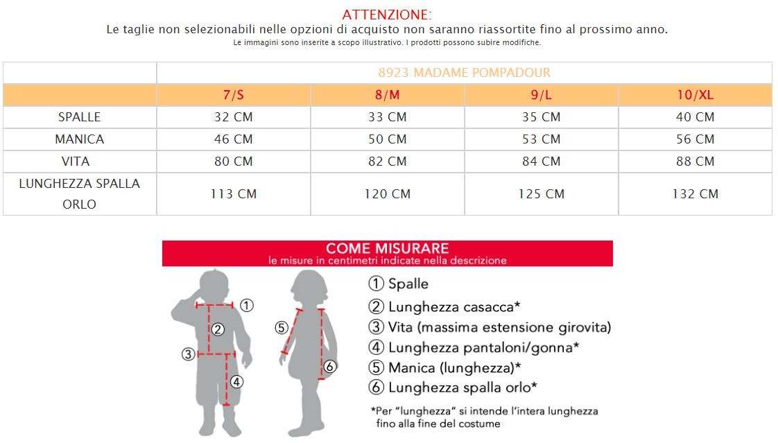 Costume vestito di carnevale Madame Pompadour da 7 a 10 anni