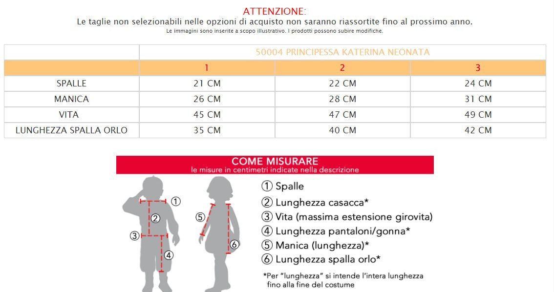 Costume vestito di carnevale principessa Katerina neonata da 0 a 3 anni
