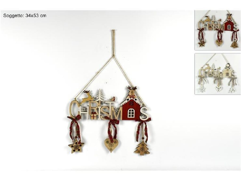 Addobbo appendino Casetta con scritta Christmas in legno per albero di natale