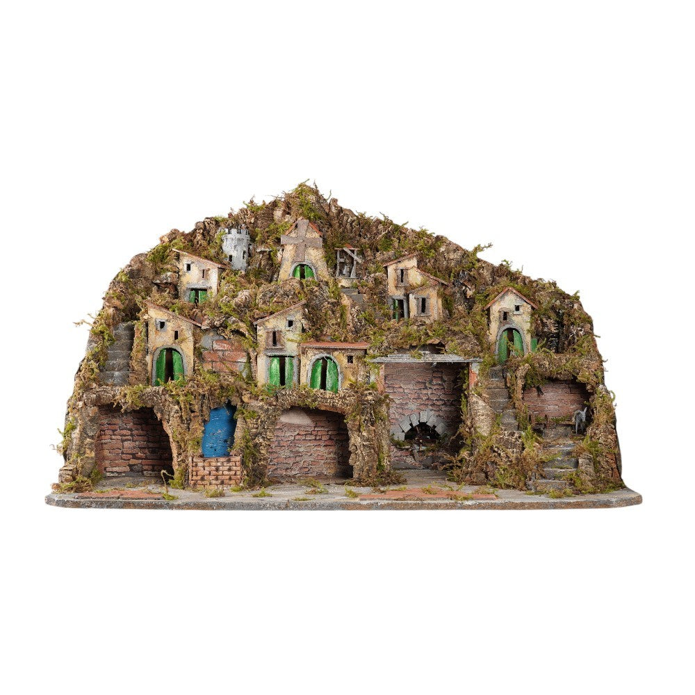 Presepe paesaggistico napoletano con forno mulino cascata macina e luci 95x65x65