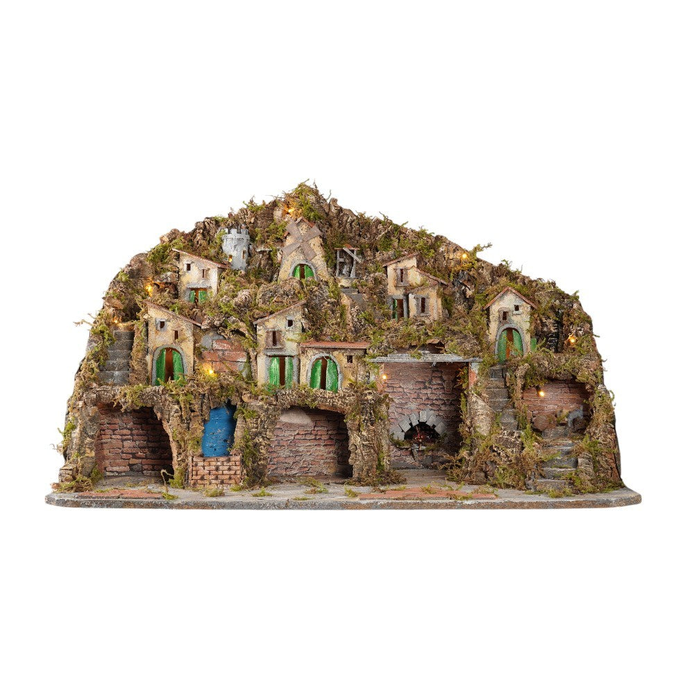 Presepe paesaggistico napoletano con forno mulino cascata macina e luci 95x65x65