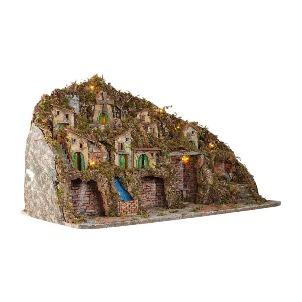 Presepe paesaggistico napoletano con forno mulino cascata macina e luci 95x65x65