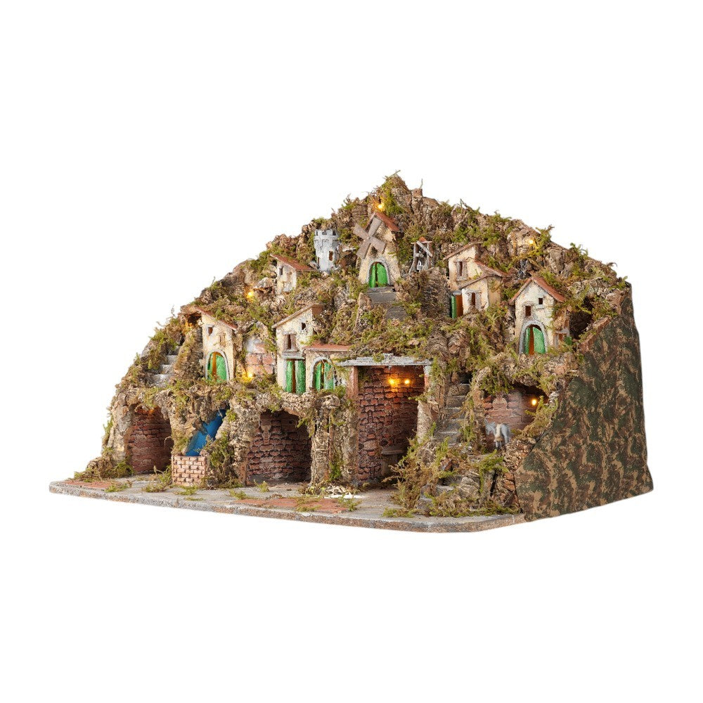 Presepe paesaggistico napoletano con forno mulino cascata macina e luci 95x65x65