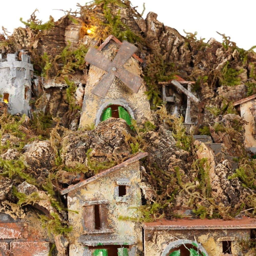 Presepe paesaggistico napoletano con forno mulino cascata macina e luci 95x65x65