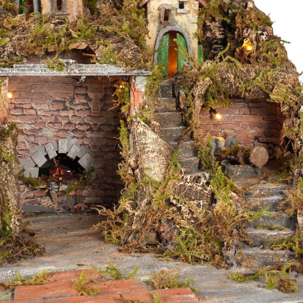 Presepe paesaggistico napoletano con forno mulino cascata macina e luci 95x65x65