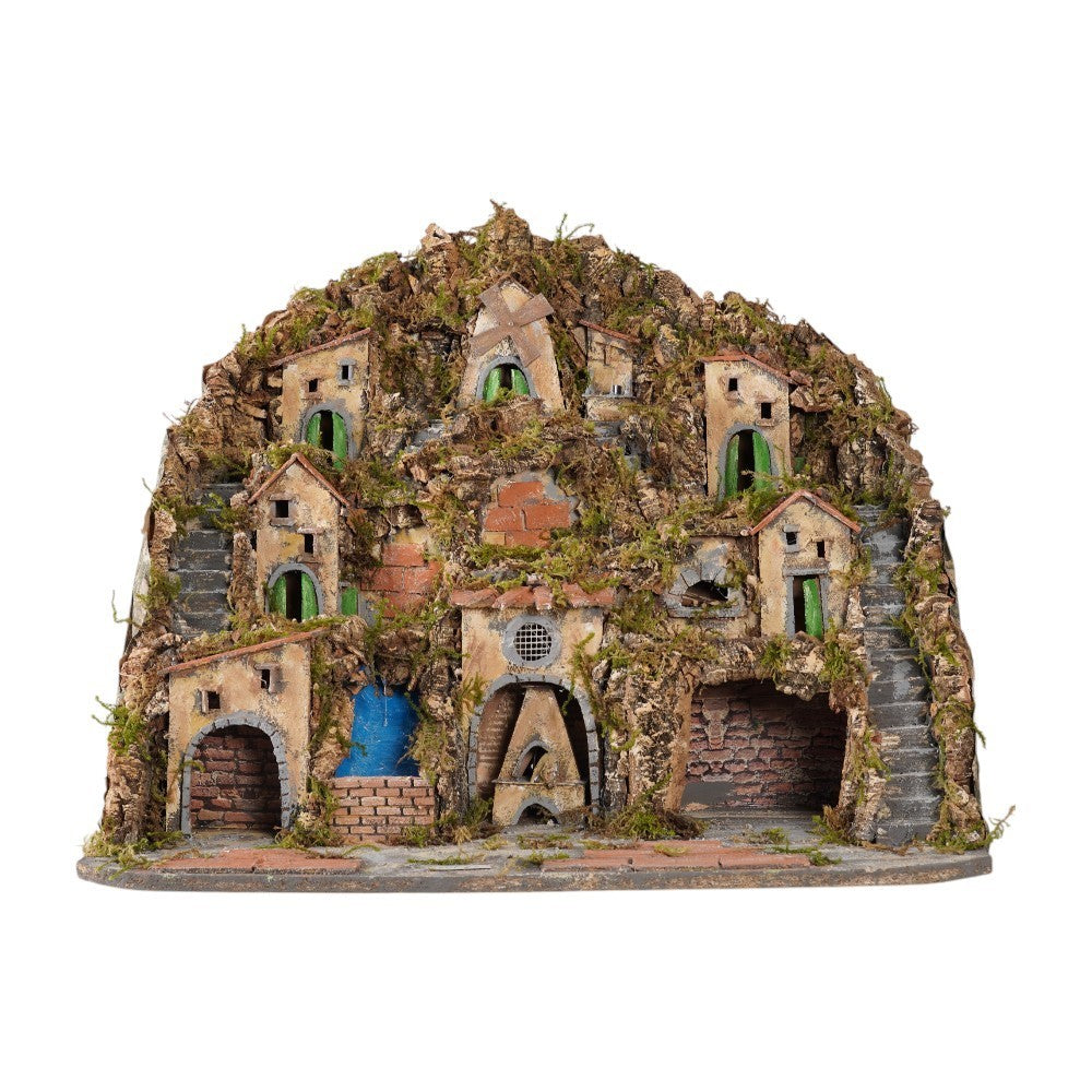 Presepe napoletano artigianale con luci forno mulino e cascata 75x60x60 cm