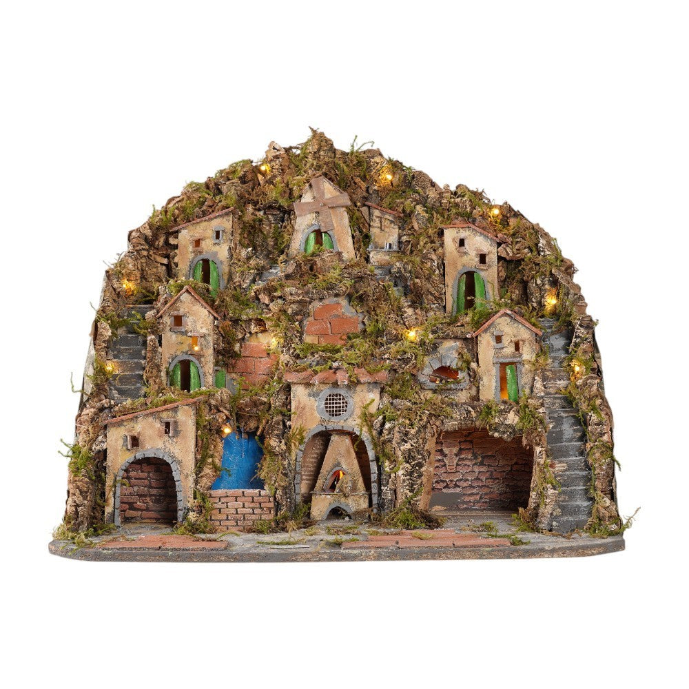Presepe napoletano artigianale con luci forno mulino e cascata 75x60x60 cm